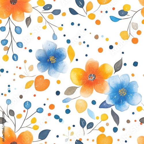 Watercolor spring flowers seamless pattern, pastel colors, white background