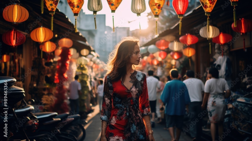Naklejka premium A young woman in a red floral dress strolls through a lantern-lit street market at dusk, exuding a sense of adventure and cultural immersion.