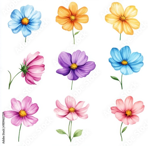 Watercolor wildflowers, cosmos flowers