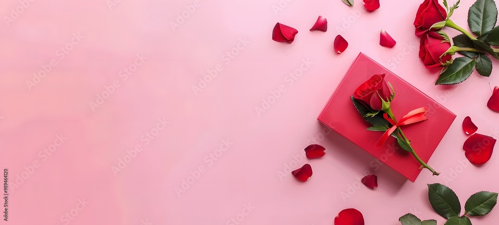 Red Gift Box with Roses on Pink Background Red Gift Box with Roses on Pink Background