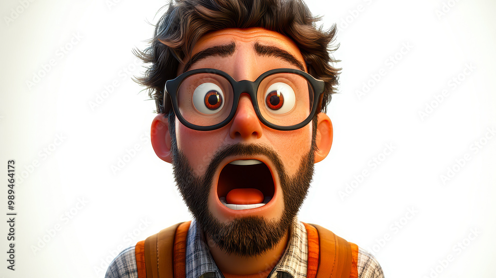 Surprised and Shocked Cartoon Man with Glasses Expressing Amazement in 3D Style, Emotional Human Character Illustration, Adult Male Portrait on Light Background Surprised and Shocked Cartoon Man with Glasses Expressing Amazement in 3D Style, Emotional Human Character Illustration, Adult Male Portrait on Light Background