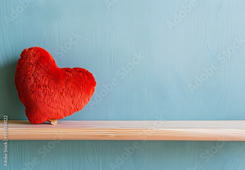 Red Heart Shaped Cushion On Shelf Against Pastel Wall