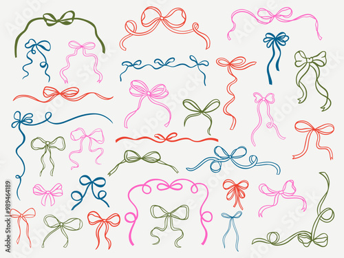 Set of elegant whimsical hand-drawn pink blue orange green color bows knots and wavy squiggle curly ribbons in trendy, vintage styles. Perfect for quirky holiday, wedding, birthday gift decorations