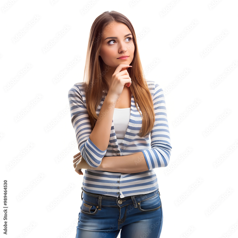 A young woman wearing casual clothes, standing and thinking A young woman wearing casual clothes, standing and thinking