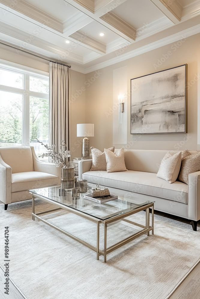 Fototapeta premium Living room with light walls and a glass coffee table