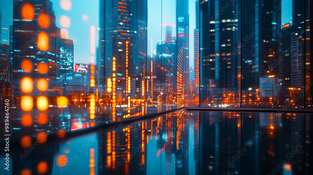 City skyline at night reflecting vibrant lights in a modern glass building interior