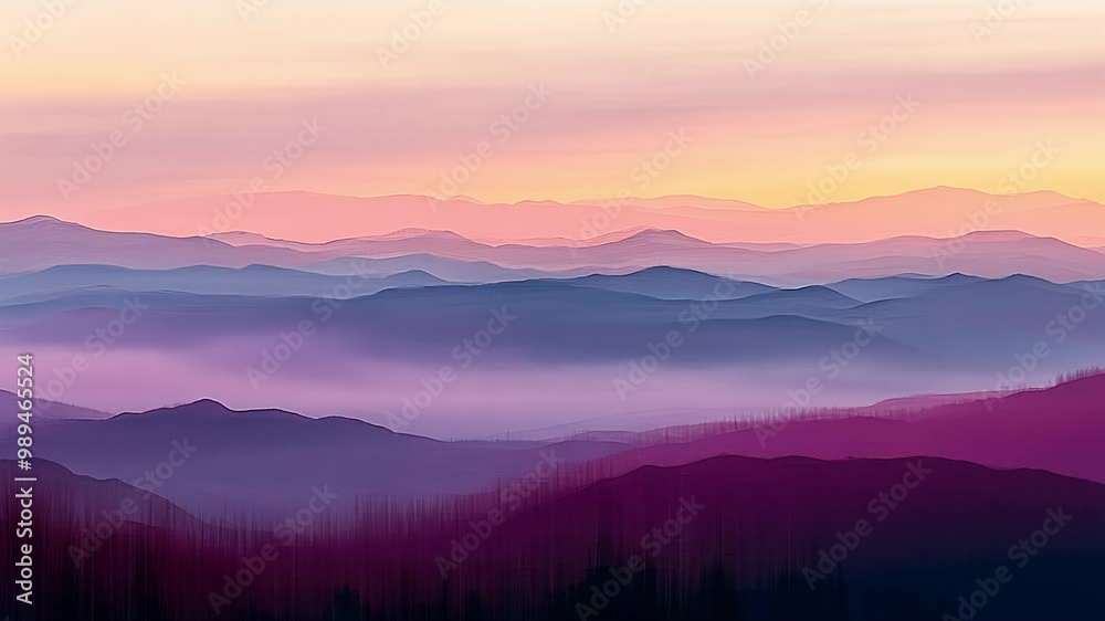 Witness the breathtaking view of a serene sunrise illuminating the misty mountain range, creating a peaceful atmosphere in soft pastel hues. Witness the breathtaking view of a serene sunrise illuminating the misty mountain range, creating a peaceful atmosphere in soft pastel hues.