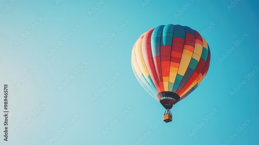 Naklejka premium Colorful hot air balloon soaring in a clear blue sky creating a vibrant spectacle in the atmosphere