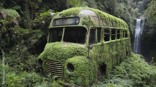 Old Rusty Bus Abandoned in Overgrown Forest, Pattern Background, Wallpaper, Cover and Screen for Smartphone, PC, Laptop, 9:16 and 16:9 Format
