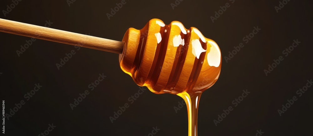 Honey drizzled on a wooden stick against a dark backdrop Honey drizzled on a wooden stick against a dark backdrop