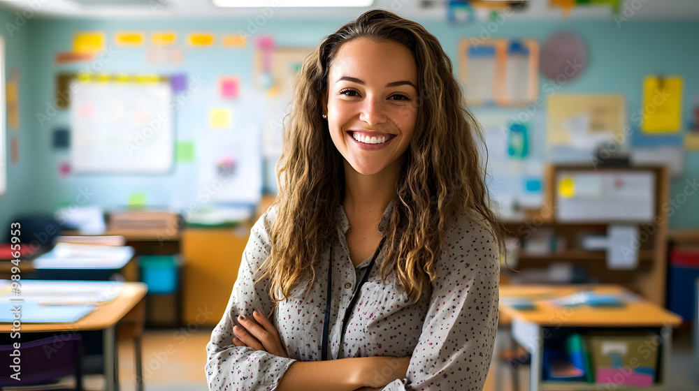 A smiling teacher poses in a colorful classroom filled with learning materials and an inviting atmosphere A smiling teacher poses in a colorful classroom filled with learning materials and an inviting atmosphere