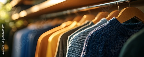 Colorful sweaters hanging on wooden rack photo