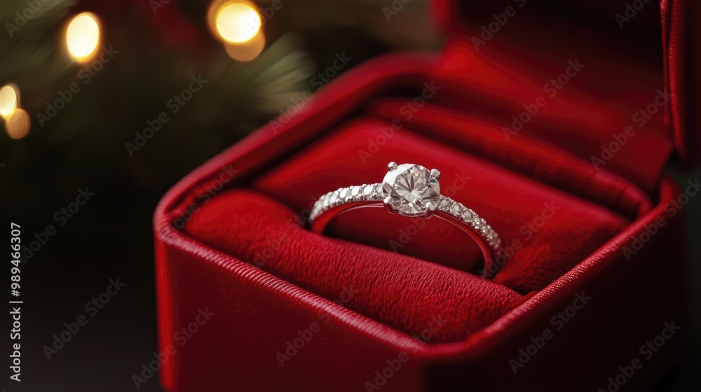 Elegant engagement ring displayed in a luxurious red box Elegant engagement ring displayed in a luxurious red box