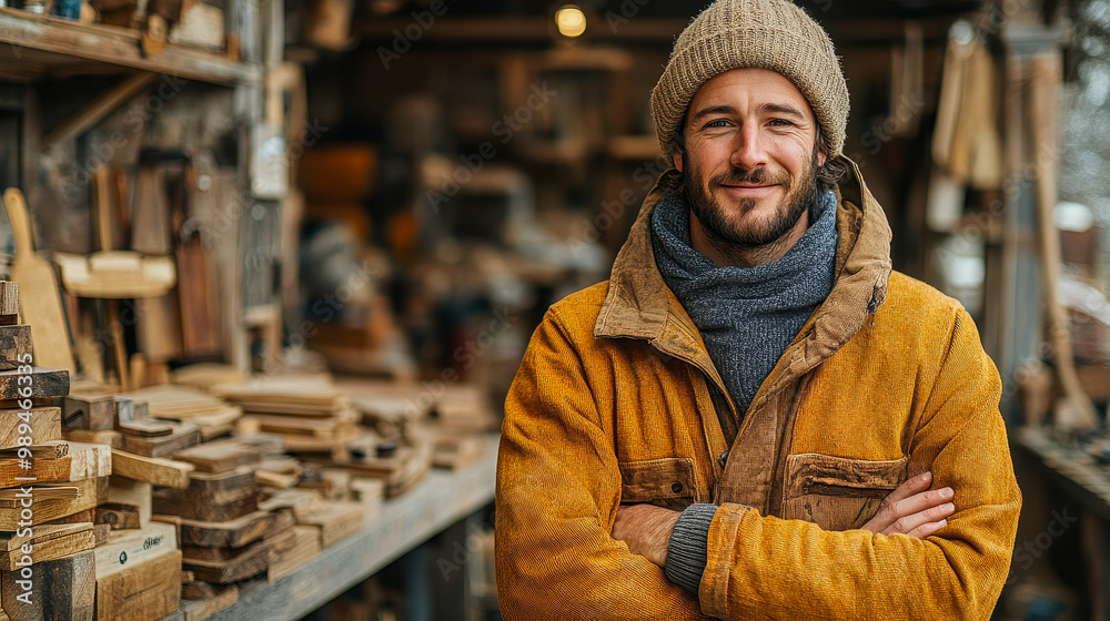 Happy Young Cabinetmaker Working in Rustic Workshop with Wood Pieces, Wearing Winter Clothing, Smiling, Craftsman Standing Proudly in Craft Studio, Woodworking, Artisan, Small Business Owner Happy Young Cabinetmaker Working in Rustic Workshop with Wood Pieces, Wearing Winter Clothing, Smiling, Craftsman Standing Proudly in Craft Studio, Woodworking, Artisan, Small Business Owner
