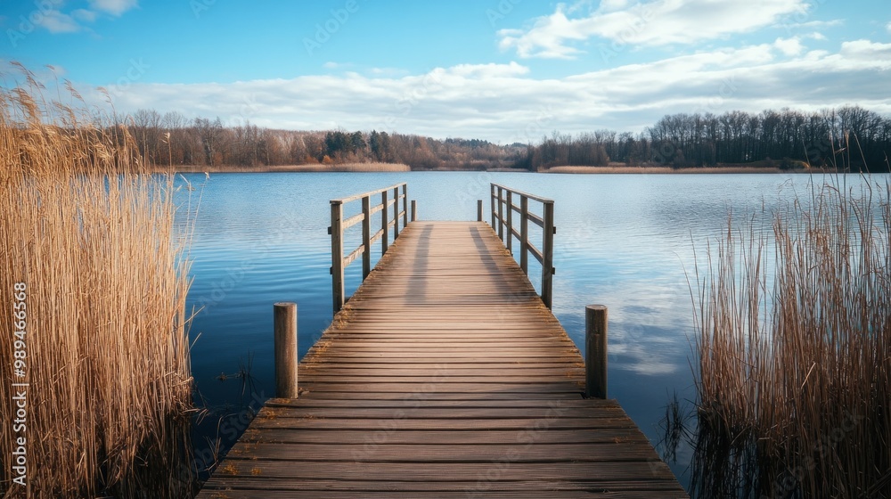 Naklejka premium Wooden Dock leading to a Lake with Reeds