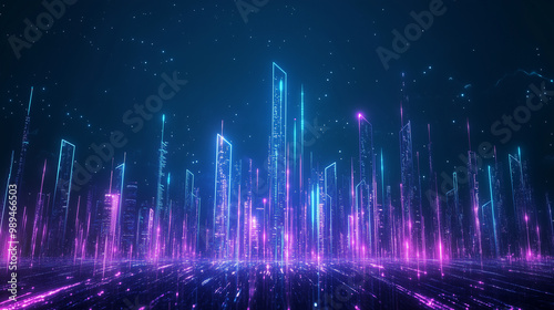 A futuristic cityscape with abstract financial growth graphs soaring into the digital sky, highlighting tax efficiency through glowing pathways