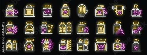 Set of pet cosmetics neon icons glowing on black background. Pet shampoo and soap, comb and brush for dog and cat. Grooming, hygiene and care for domestic animals