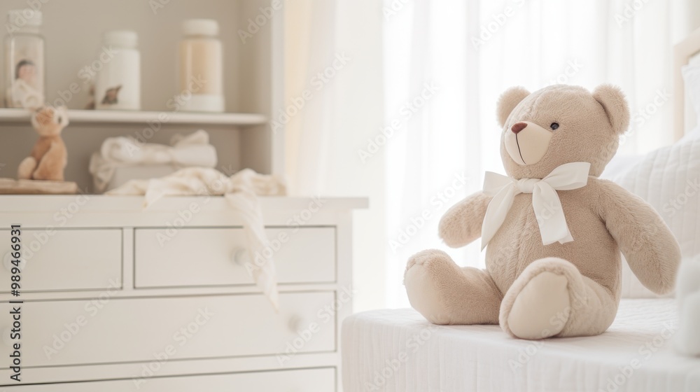 A soft, stuffed teddy bear with a white bow sitting on a neatly made bed in a minimalist, white-themed room, exuding calmness and simplicity. A soft, stuffed teddy bear with a white bow sitting on a neatly made bed in a minimalist, white-themed room, exuding calmness and simplicity.