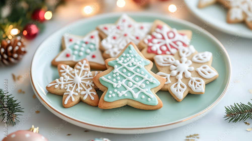 Plate of beautifully decorated Christmas cookies in the shape of snowflakes and Christmas trees, with intricate icing details in red and green Plate of beautifully decorated Christmas cookies in the shape of snowflakes and Christmas trees, with intricate icing details in red and green