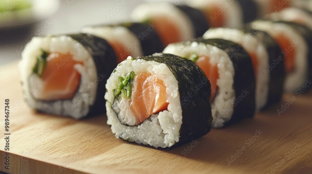 Sushi rolls featuring seaweed and salmon Sushi rolls featuring seaweed and salmon