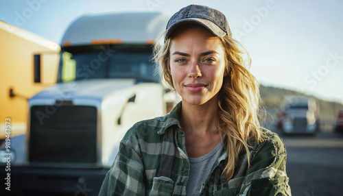 Woman truck driver, female truck driver, truck driver posing in front of a truck