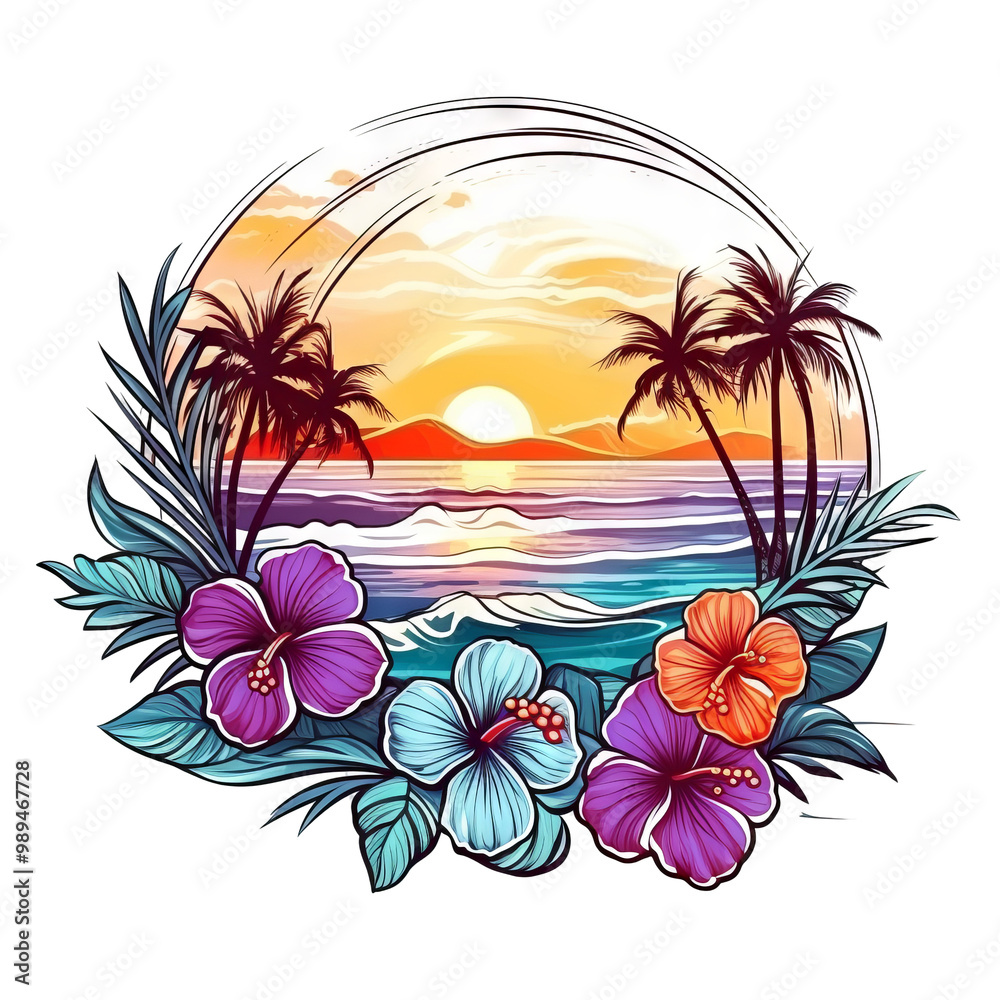 Vibrant tropical sunset with palm trees and hibiscus flowers. Transparent background PNG Vibrant tropical sunset with palm trees and hibiscus flowers. Transparent background PNG