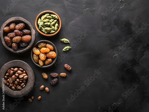 Arabic Ramadan Concept with Coffee Beans, Dates, and Dried Fruits