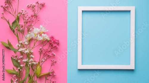 Pastel themed scrapbook company profile presentation featuring an empty frame and flowers in a flat lay arrangement on a blue and pink pastel background Soft filter effect and minimalistic design e