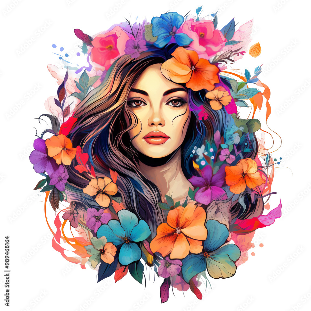 A beautiful woman with long brown hair surrounded by vibrant flowers. Transparent background PNG A beautiful woman with long brown hair surrounded by vibrant flowers. Transparent background PNG