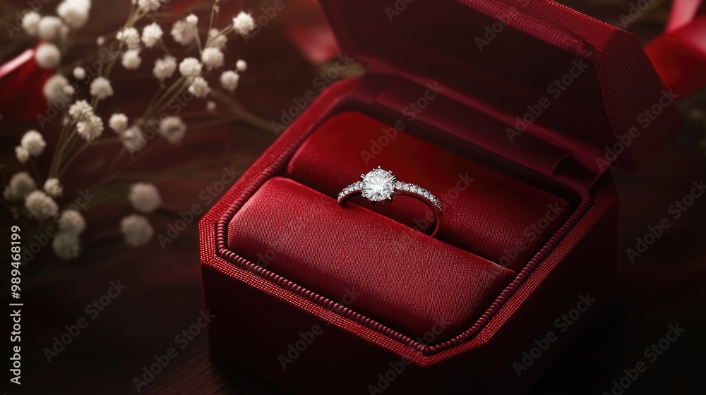 Elegant engagement ring displayed in a luxurious red box Elegant engagement ring displayed in a luxurious red box