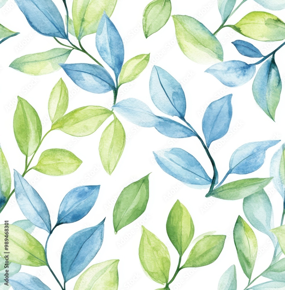 Watercolor, light blue and green leaves, white background, seamless pattern Watercolor, light blue and green leaves, white background, seamless pattern