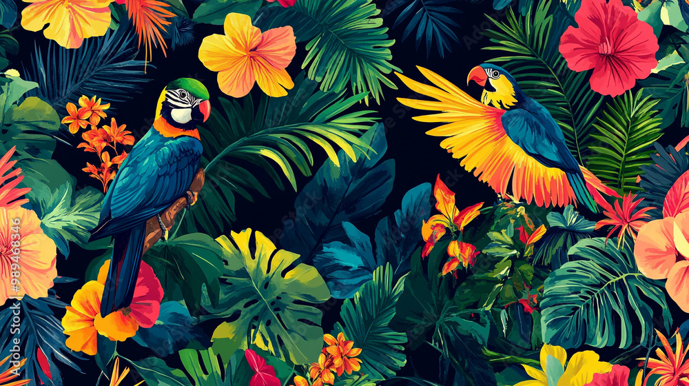 Colorful tropical birds amidst vibrant flowers and lush foliage in a serene jungle setting Colorful tropical birds amidst vibrant flowers and lush foliage in a serene jungle setting