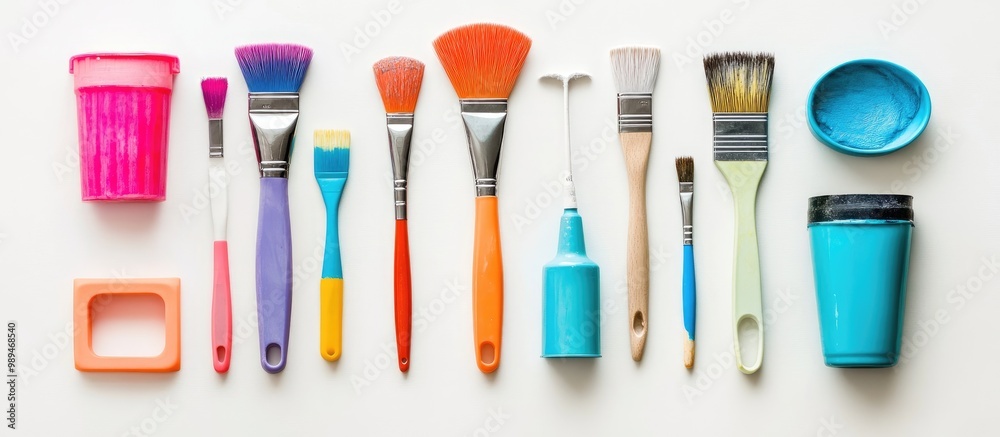 Vibrant arrangement of various tools for surface preparation and staining displayed on a clean white backdrop Vibrant arrangement of various tools for surface preparation and staining displayed on a clean white backdrop