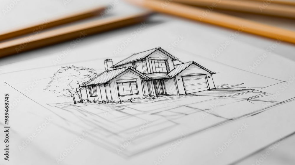 Detailed architectural sketch of a modern house with a surrounding landscape in a workspace Detailed architectural sketch of a modern house with a surrounding landscape in a workspace