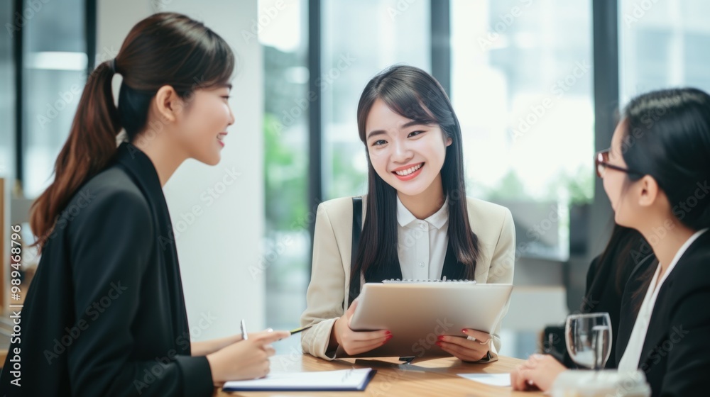 Three women in a modern office setting engage in a lively discussion, emanating professionalism and collaboration with bright smiles. Three women in a modern office setting engage in a lively discussion, emanating professionalism and collaboration with bright smiles.