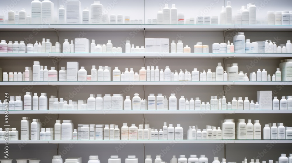 A well-organized display of various white plastic bottles in a store, reflecting a minimalist and clean aesthetic. A well-organized display of various white plastic bottles in a store, reflecting a minimalist and clean aesthetic.