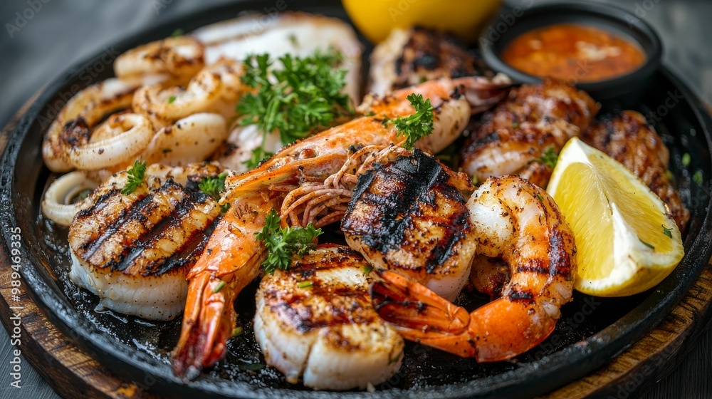 A sizzling platter of grilled seafood, including shrimp, scallops, and calamari, garnished with parsley and lemon, served with a spicy dipping sauce. A sizzling platter of grilled seafood, including shrimp, scallops, and calamari, garnished with parsley and lemon, served with a spicy dipping sauce.