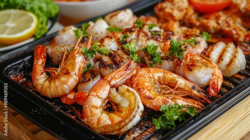 A vibrant platter of grilled seafood, featuring shrimp, scallops, and garnished with herbs, lemon, and accompanied by fresh vegetables. photo