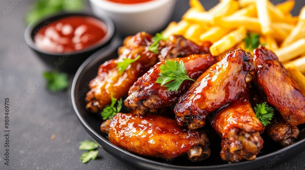 Juicy chicken wings coated in a savory glaze, served with crispy fries and dipping sauces, perfect for a delicious meal or snack. Juicy chicken wings coated in a savory glaze, served with crispy fries and dipping sauces, perfect for a delicious meal or snack.