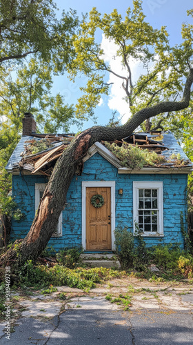 A blue house with a tree fallen on the roof.