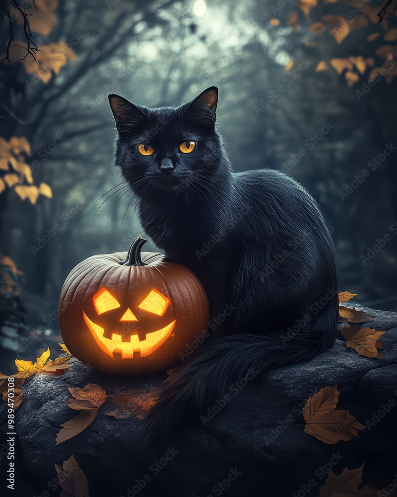 A black cat sitting on a rock, with a glowing jack-o'-lantern in front of it, against a forest background A black cat sitting on a rock, with a glowing jack-o'-lantern in front of it, against a forest background