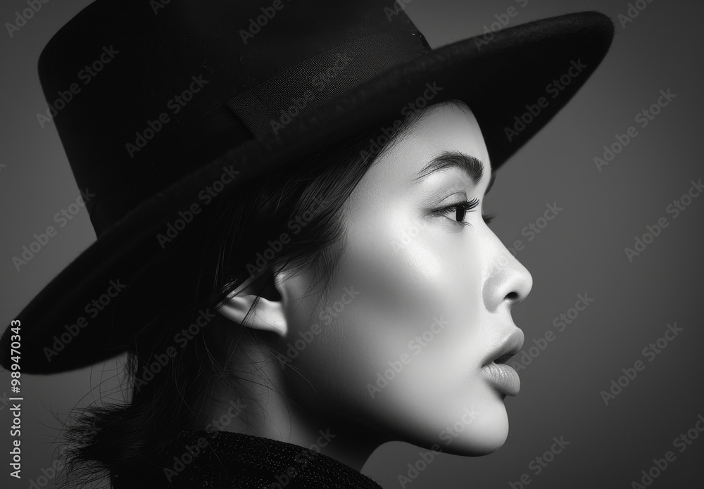 Black and white fashion photography of a female model in profile, wearing a hat against a minimalist background with clean lines and high contrast. The photo has high resolution and detailed textures,