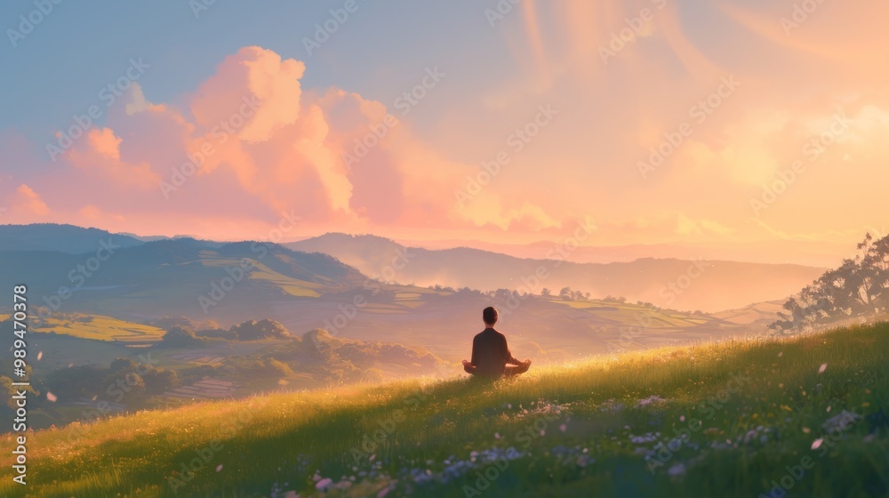 A man meditating on a grassy hilltop, overlooking a valley at sunset A man meditating on a grassy hilltop, overlooking a valley at sunset