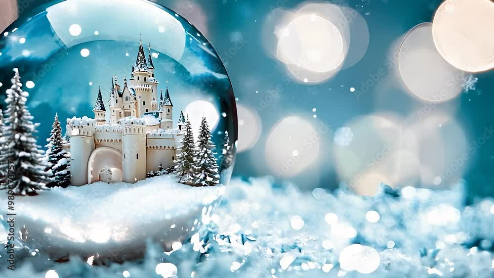Magical snow globe castle, winter wonderland fantasy with sparkling snow, enchanted holiday scene and festive atmosphere