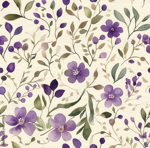 Watercolor, purple and green floral pattern on a cream background
