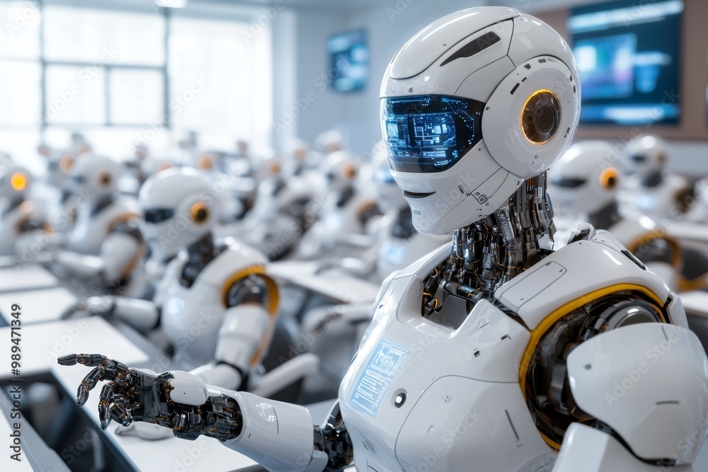 A 3D-rendered futuristic teacher, leading a class of robot students, with digital learning tools and advanced AI interfaces A 3D-rendered futuristic teacher, leading a class of robot students, with digital learning tools and advanced AI interfaces