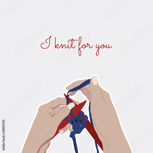 Hand knitting image. Handwork. Yarn, knitting needles. Vector flat linear illustration isolated on light background