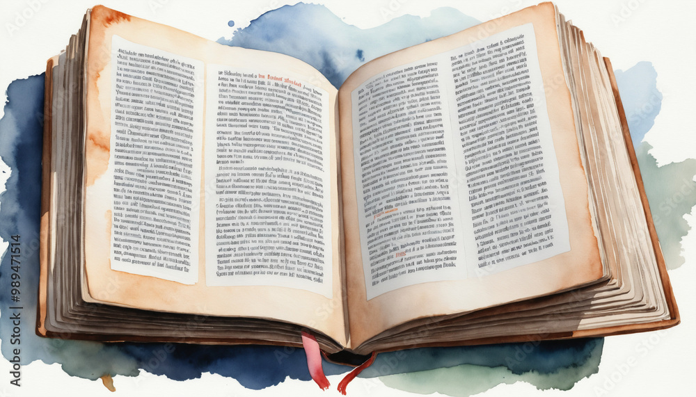 Obraz premium Aquarelle livre ouvert illustration histoire roman texte marque-page papier littérature école.