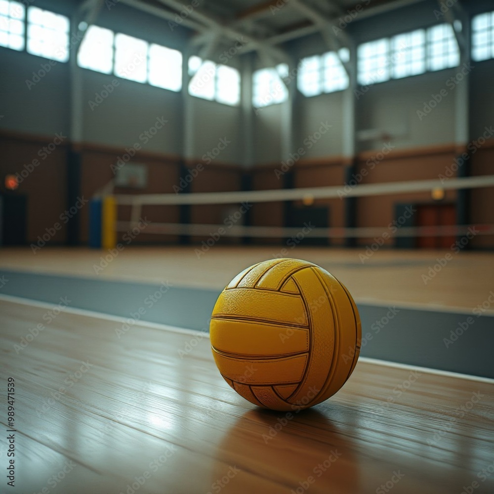 A volleyball ball is lying in empty gym on a gray background, no people, sport lifestyle, school gym A volleyball ball is lying in empty gym on a gray background, no people, sport lifestyle, school gym