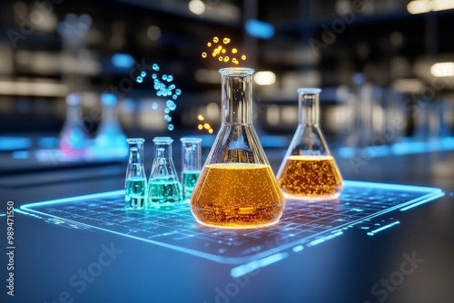 A 3D-rendered scientific experiment, with beakers, test tubes, and chemical reactions animated in a lifelike digital space photo